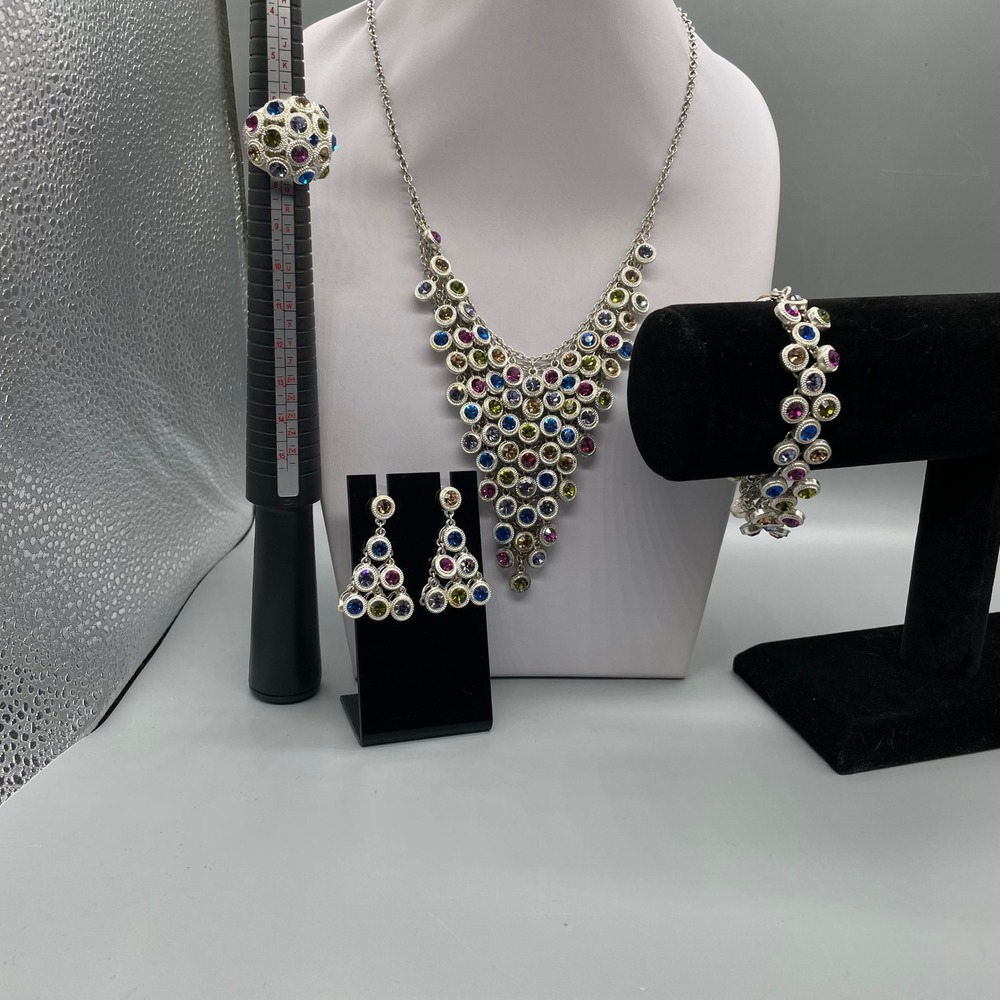 Multi Color Rhinestone Silver‎ Tone Statement Jewelry Set Necklace Bracelet Ring